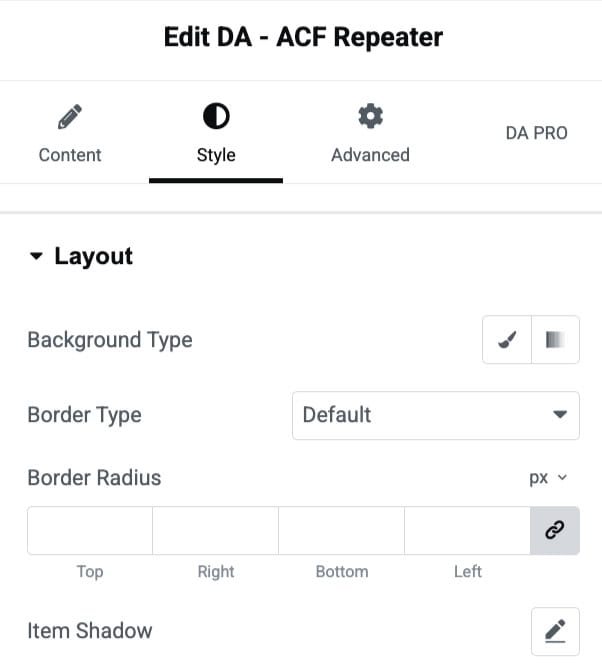 DA - ACF Repeater Layout Style Settings