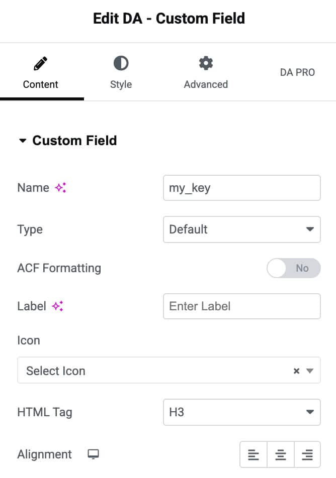 DA - Custom Field Settings