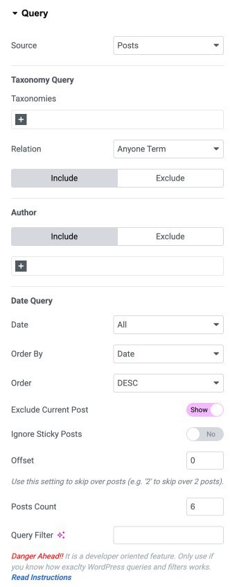 DA - Post Block Adv Query Settings