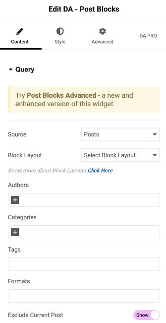 DA - Post Blocks Query Settings