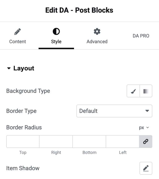 DA - Post Blocks Layout Style Settings