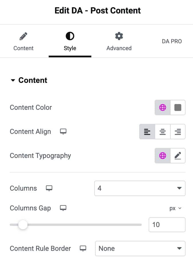DA - Post Content Style Settings