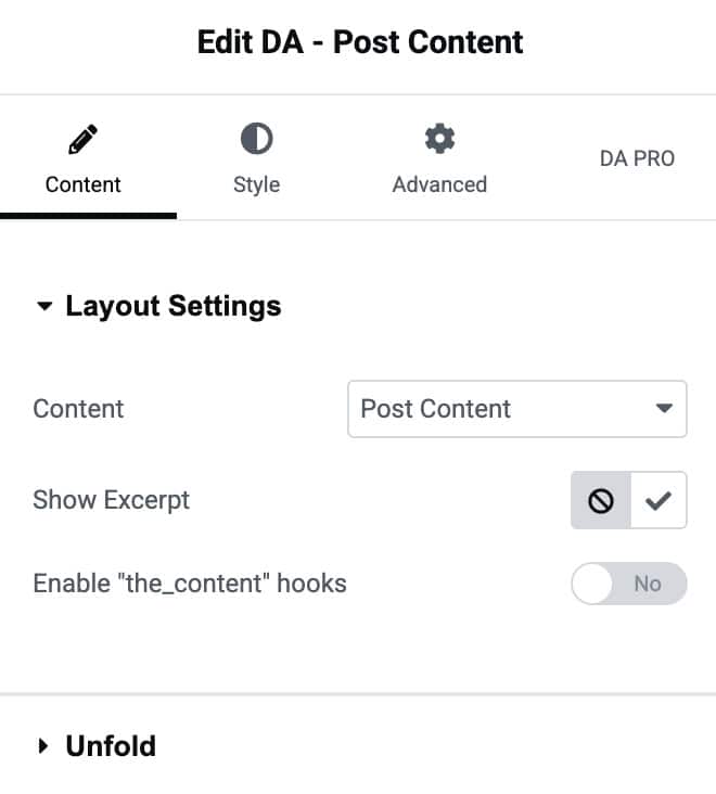 DA - Post Content Layout Settings