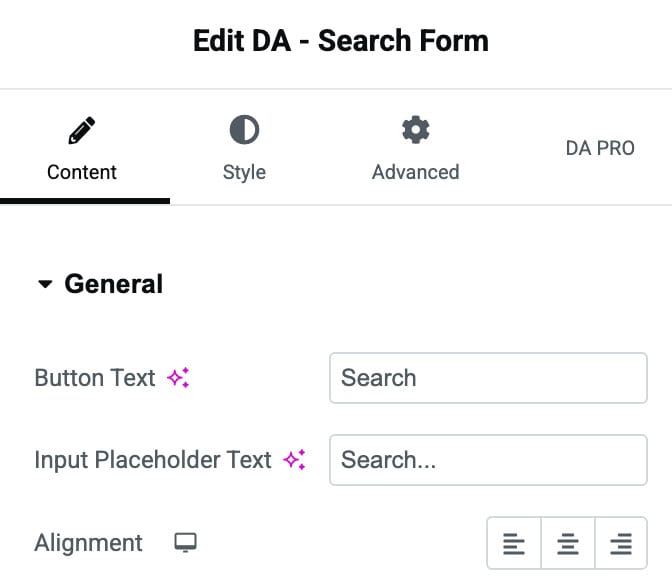 DA - Search Form General Settings