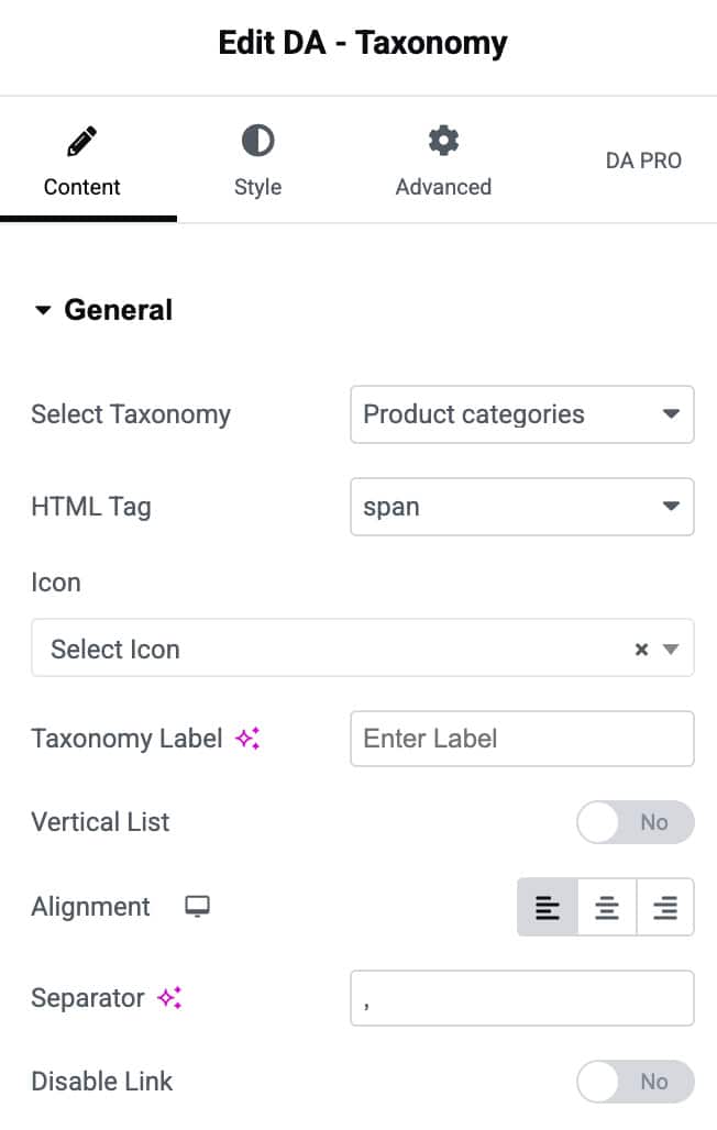 DA - Taxonomy Settings