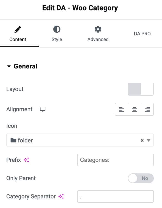 DA - Woo Category General Settings