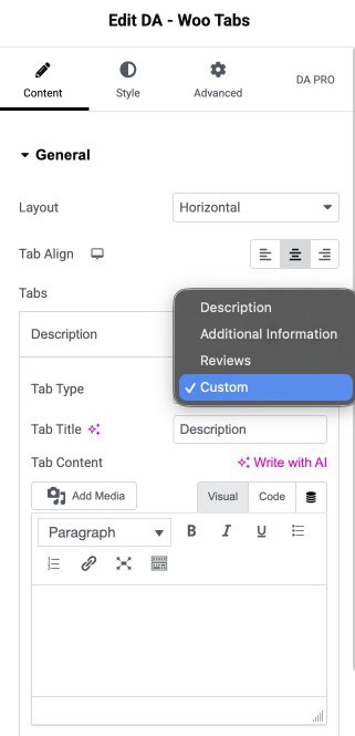 DA - Woo Tabs General Settings