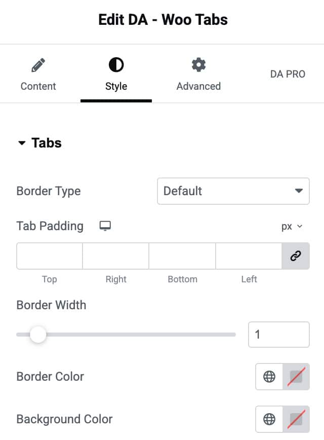 DA - Woo Tabs Style Settings
