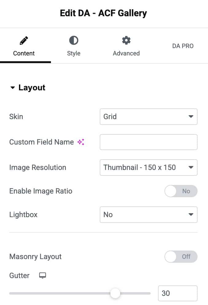 DA - ACF Gallery Layout Settings