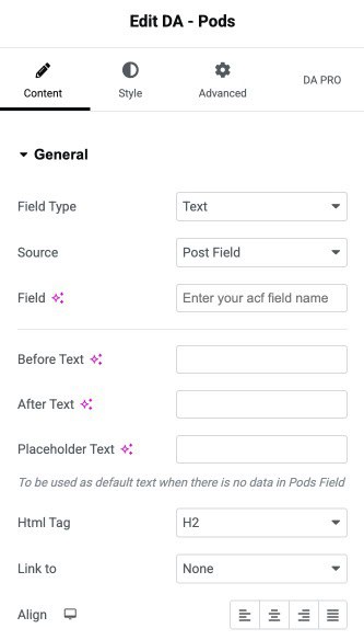 DA - Pods General Settings