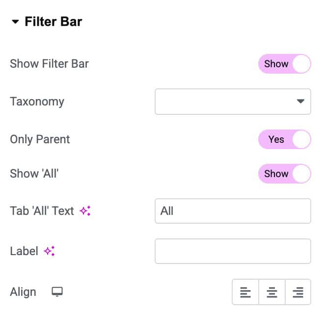 DA - Portfolio Filter Bar Settings