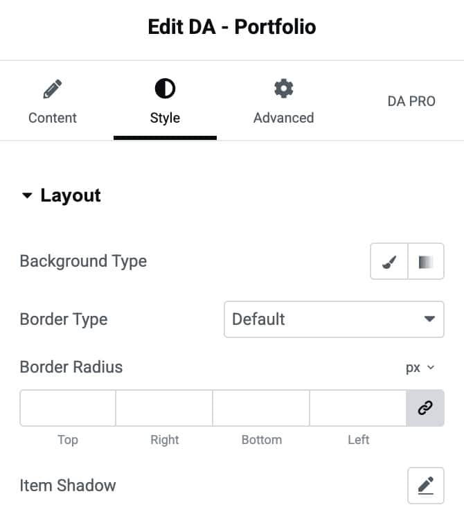 DA - Portfolio Layout Style Settings