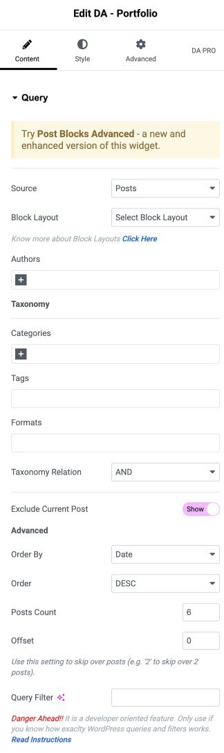 DA - Portfolio Query Settings