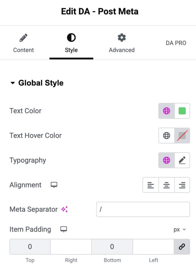DA - Post Meta Global Style Settings