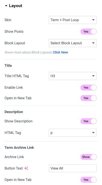 DA - Taxonomy Blocks Term + Post Loop Settings