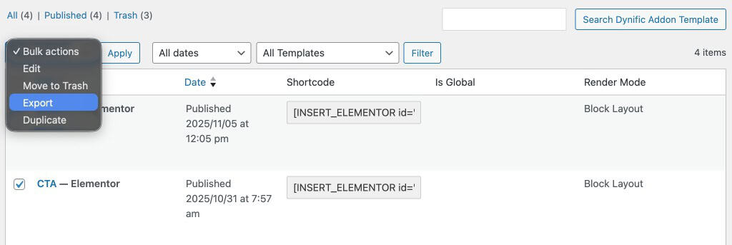 Export Multiple Dynific Addon Template