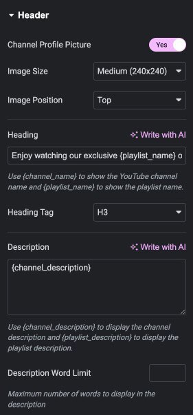 YouTube Feeds Header Settings