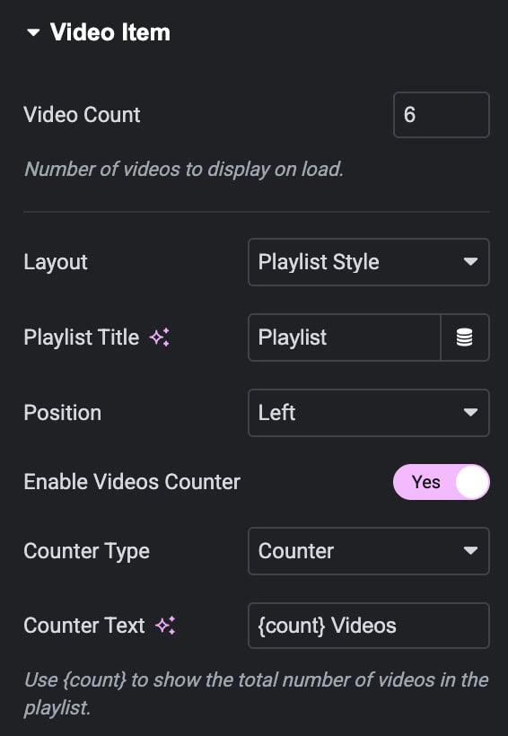 Video Item Setting for Playlist Layout