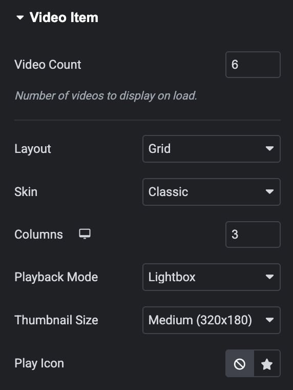 Video Item Setting