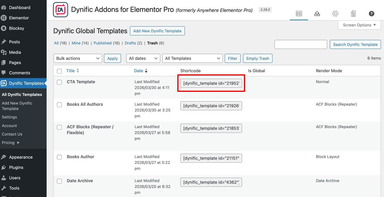 Copy the Dynific Addons Template Shortcode