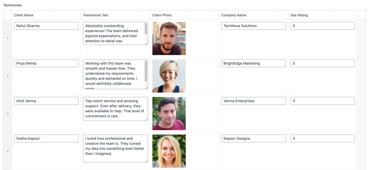 Populated testimonial rows in the WordPress page editor