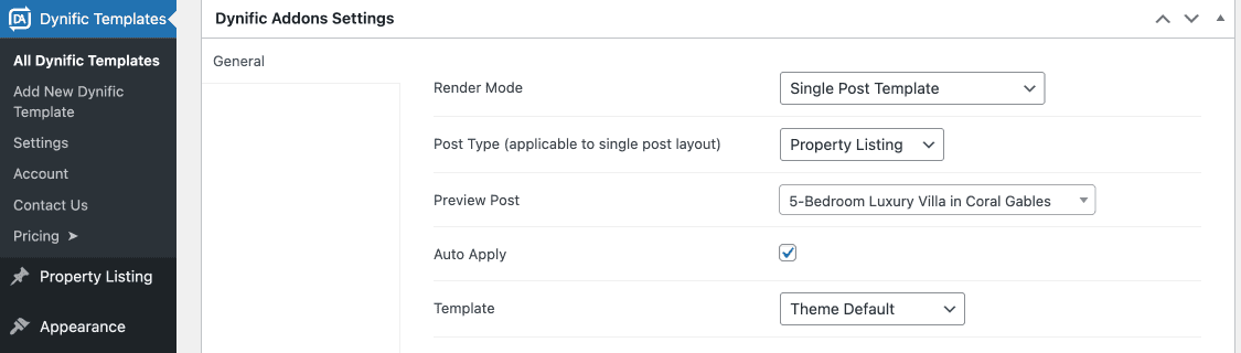 DA Template settings with Single Post Template type for Property Listing