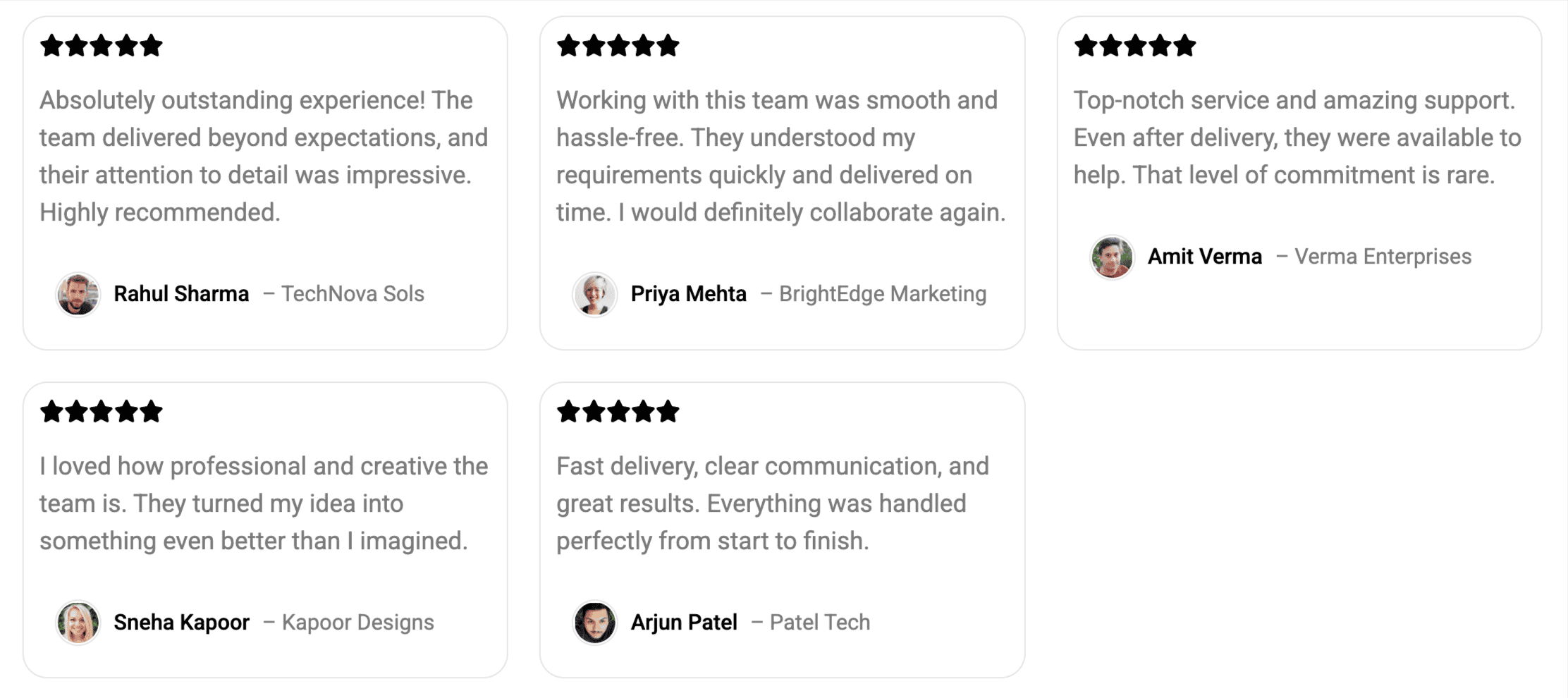 Final testimonial grid displayed on the frontend