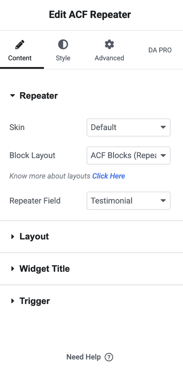 DA - ACF Repeater widget settings in Elementor