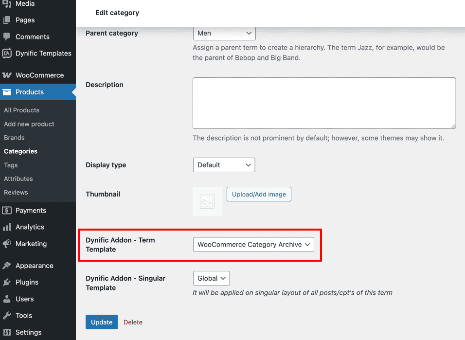 WooCommerce category edit screen showing DA Template field with WooCommerce Category Archive selected