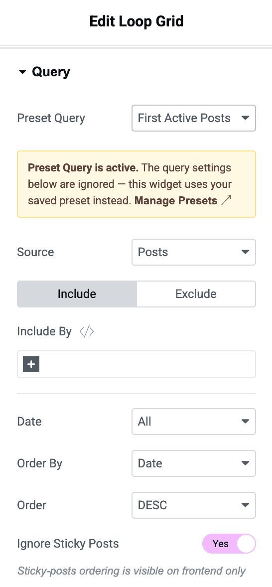 Apply Preset Query in Elementor Query Widget