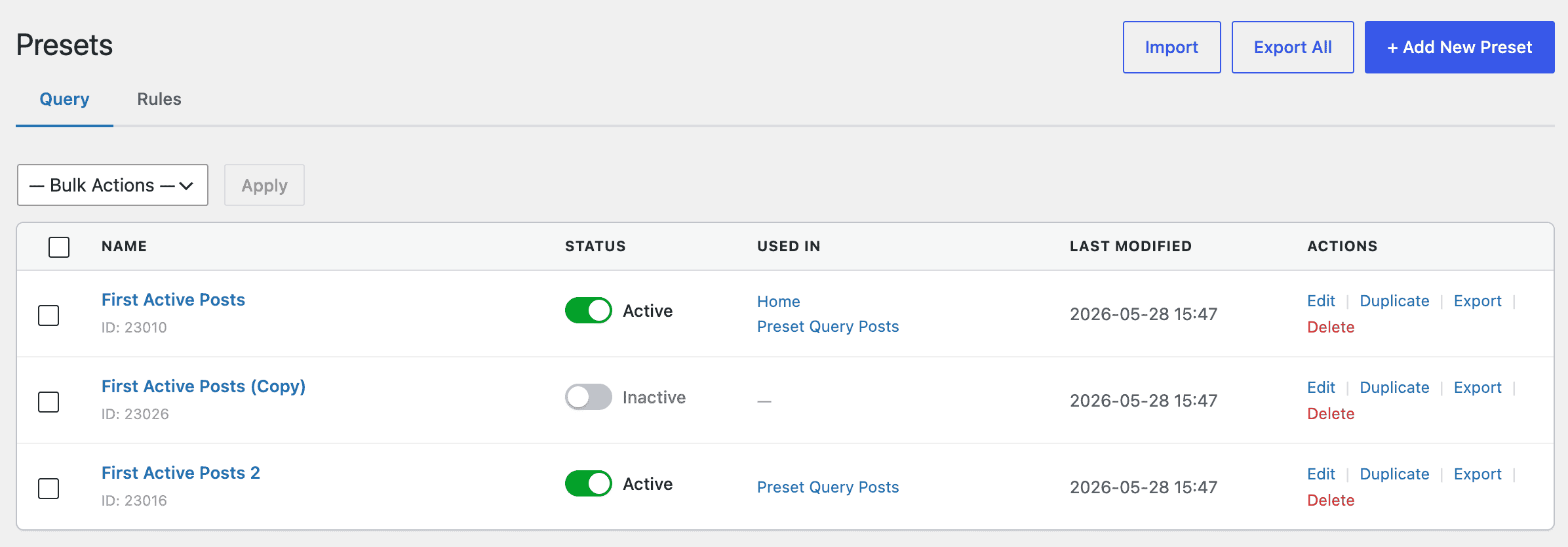 Preset Query Dashboard Showing All Queries with Its Settings