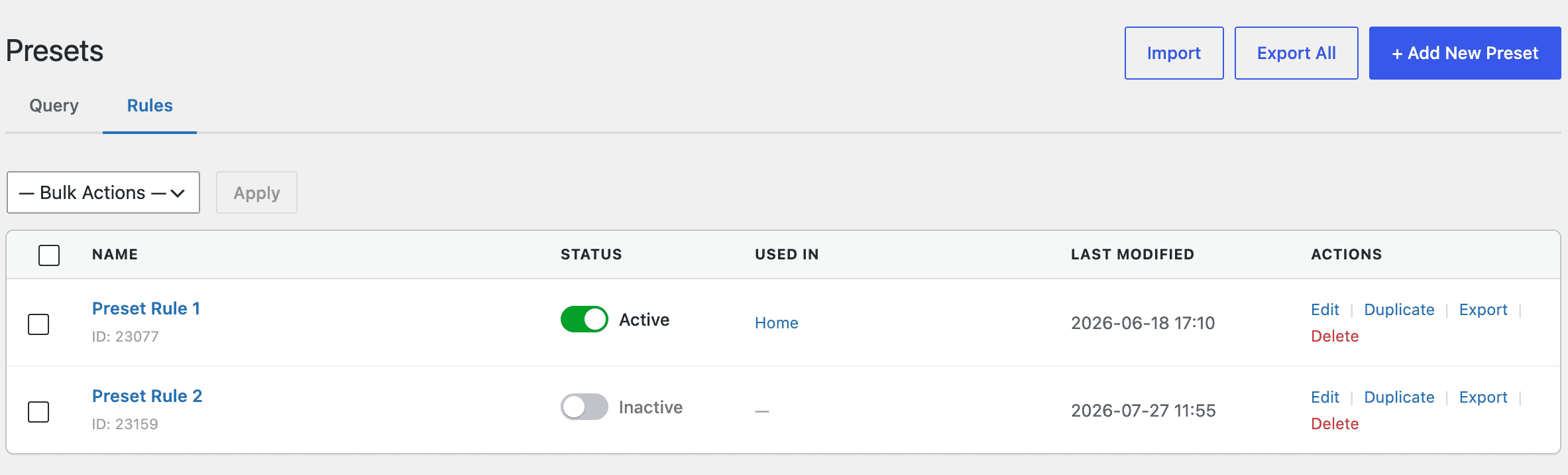 Preset Rules Dashboard