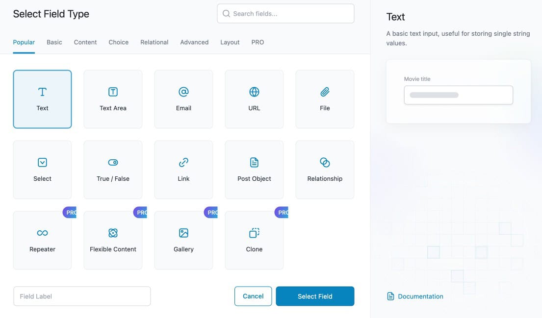 Field type picker open in ACF's field group builder, showing the range of available field types