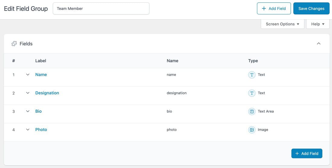ACF field group builder interface, showing a new field group with several field types added