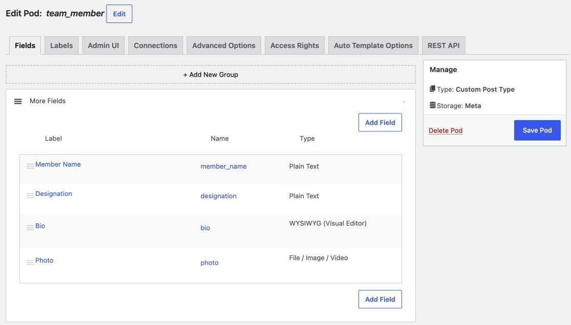 Pods field group builder interface, showing a new field group with several field types added