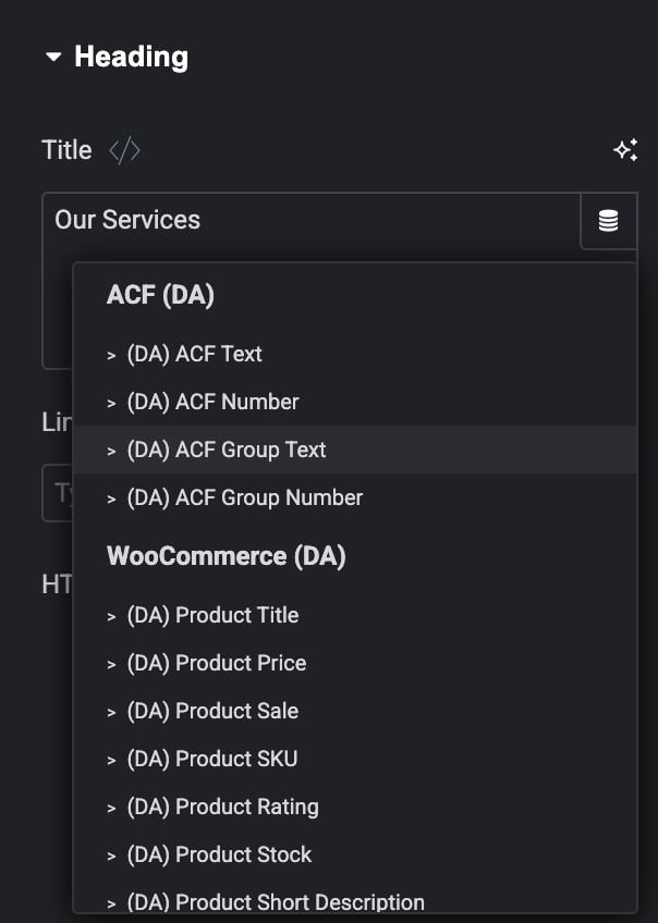 Dynific Addons Dynamic Tags menu showing ACF field options available