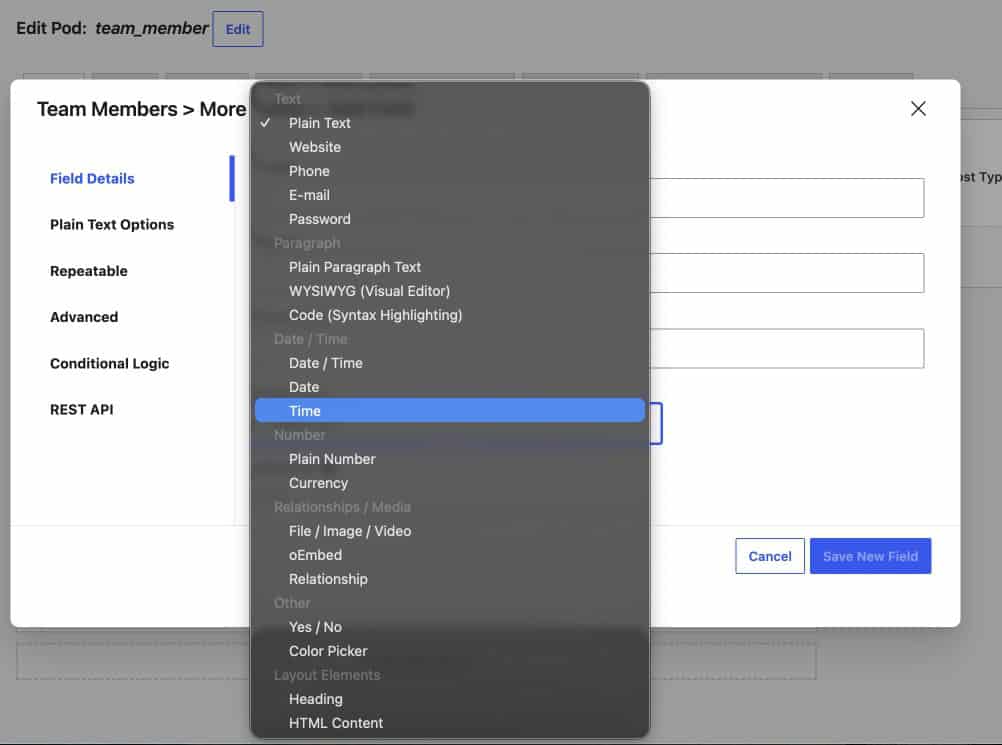 Field type picker open in Pods
