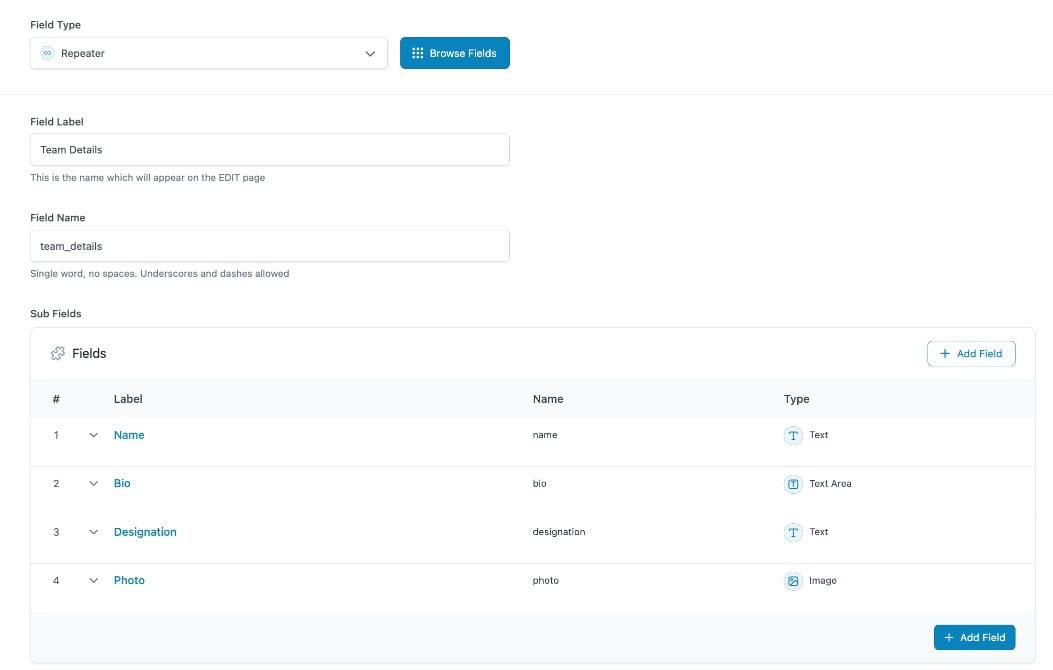 ACF's Repeater field set up with Name, Role, Photo, and Bio sub-fields, showing the "Add Row" button in the admin editing screen