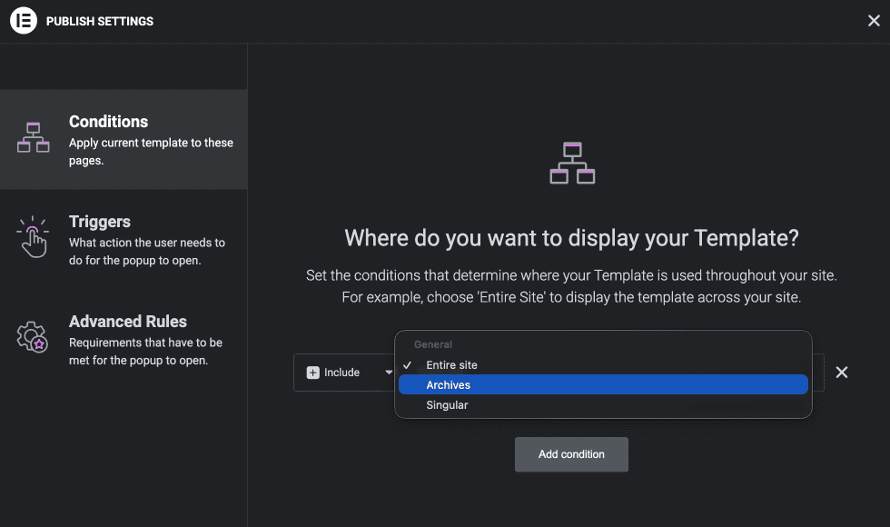 Elementor Popup Conditions Settings