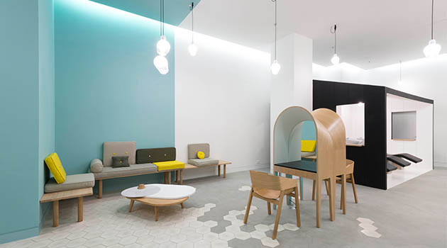 Modern minimalist interior design with playful furniture and vibrant accents, showcasing innovative architecture art styles and creative space utilization.