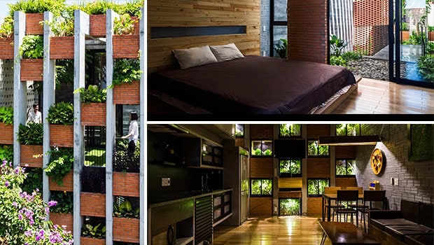 Lush green balcony vertical garden with wooden planters, modern eco-friendly design, and abundant plant life showcasing innovative architecture and sustainable urban landscaping.