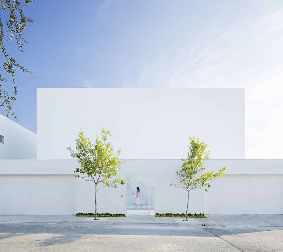 Modern minimalist white building with clean lines and two small green trees in front, showcasing contemporary architecture and outdoor design.