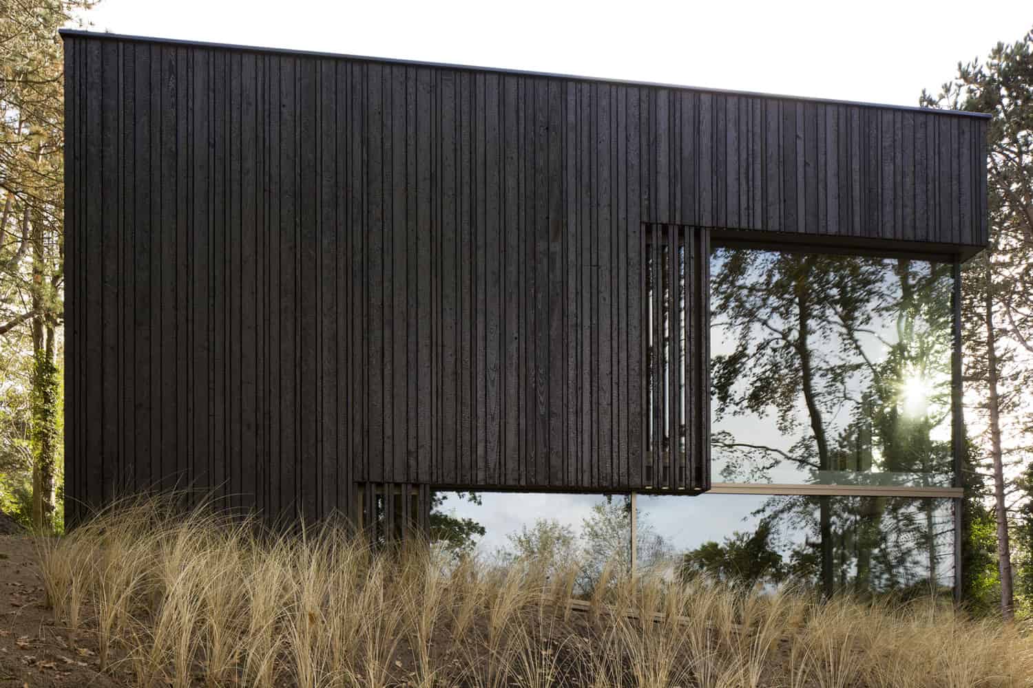 Modern black wooden house with large glass windows in a natural forest setting, showcasing contemporary architecture and sleek minimalist design.