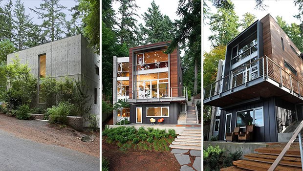 Contemporary modern minimalist house designs featuring sleek concrete, wood accents, and expansive glass windows set amidst lush greenery for innovative architectural appeal.