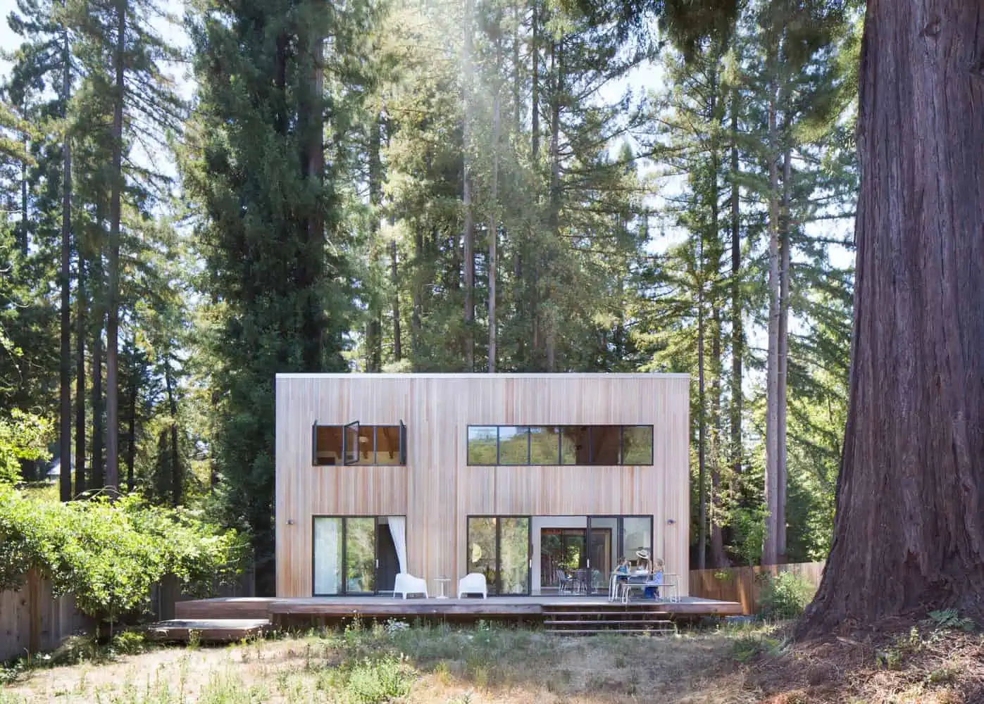Modern minimalist wooden forest house with large glass windows, surrounded by tall trees, showcasing eco-friendly architecture and natural design elements in a serene outdoor setting.