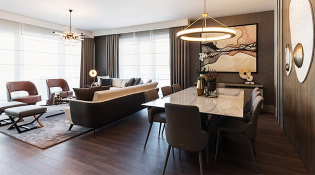 Contemporary living room and dining area with modern furniture, stylish decor, and large windows offering ample natural light, perfect for modern interior design enthusiasts.