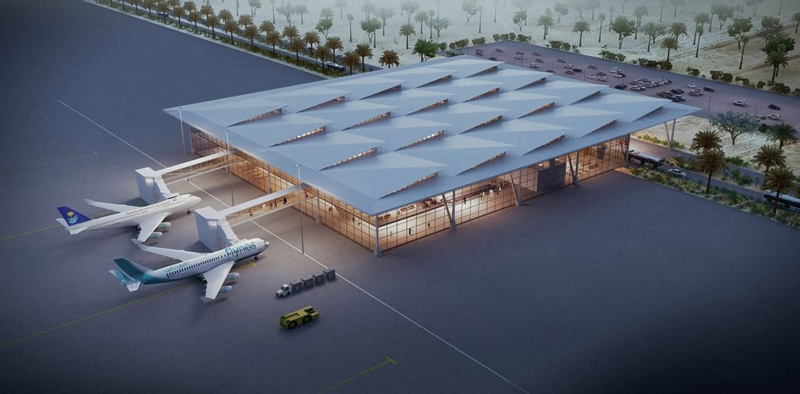 Modern airport terminal with sleek architectural design and solar panel roof, surrounded by airplanes, parking lot, and lush landscaping, emphasizing contemporary aviation architecture and eco-friendly innovations.