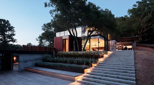 Modern minimalist glass house with sleek design and outdoor lighting nestled among mature trees.