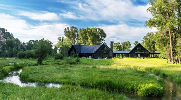Modern black wooden house surrounded by lush green landscape with a small stream, showcasing contemporary architecture and integration with nature.