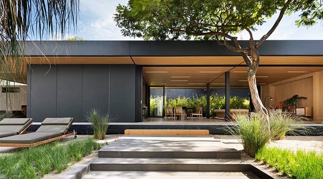 Modern minimalist house exterior with sleek black facade, open living space, and lush landscaping, showcasing contemporary architecture design and outdoor aesthetics.